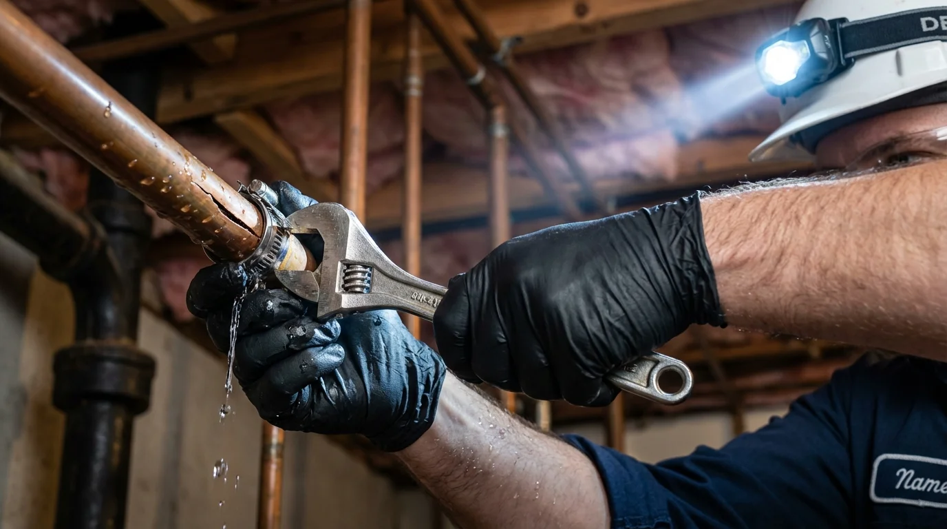 Emergency pipe clamp repair being performed by a Johns Plumbing LLC plumber in Culebra