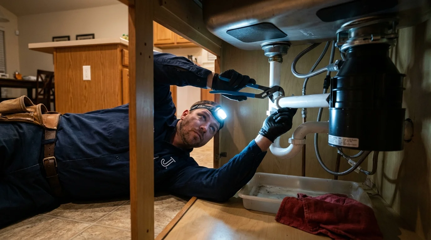 P-trap and supply line connections under a kitchen sink showing a common leak point in Culebra, PR